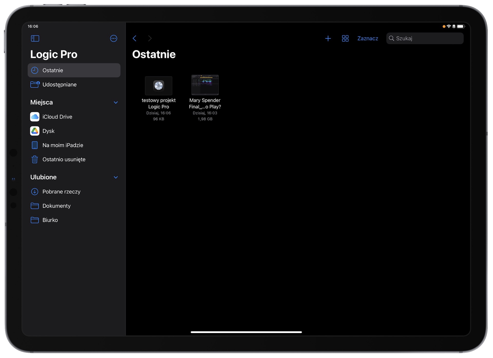 Logic Pro for iPad - wybór projektu