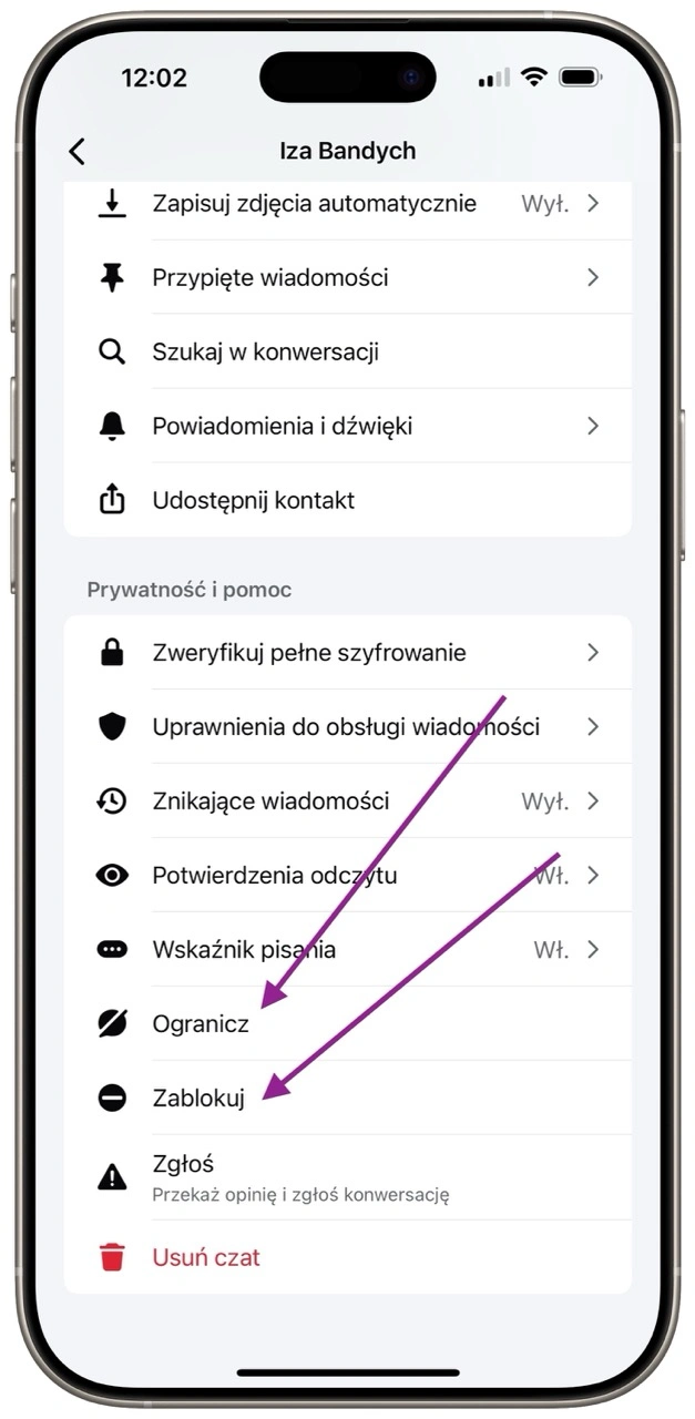 Oprócz tego mamy opcje ograniczenia kontaktu lub pełnej blokady