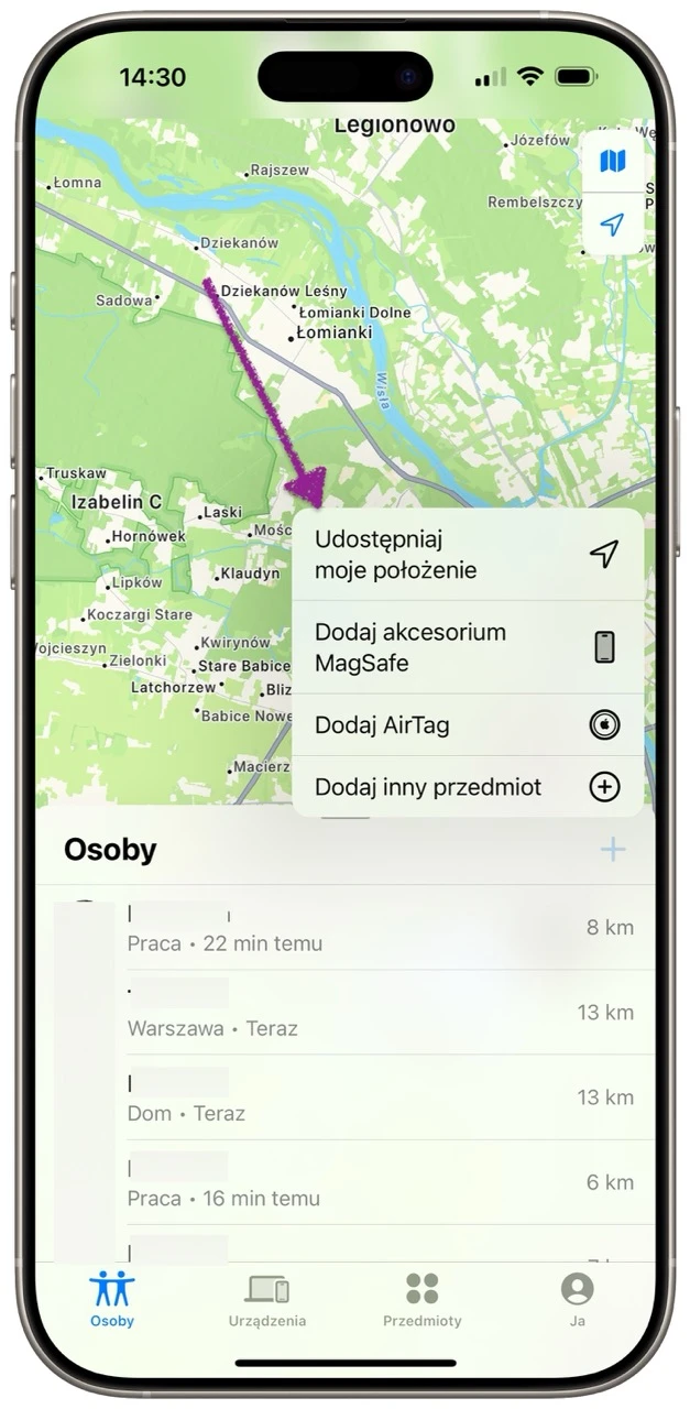 W wyskakującym menu wybieramy opcję Udostępniaj moje położenie, a następnie kontakt, któremu chcemy udostępnić lokalizację