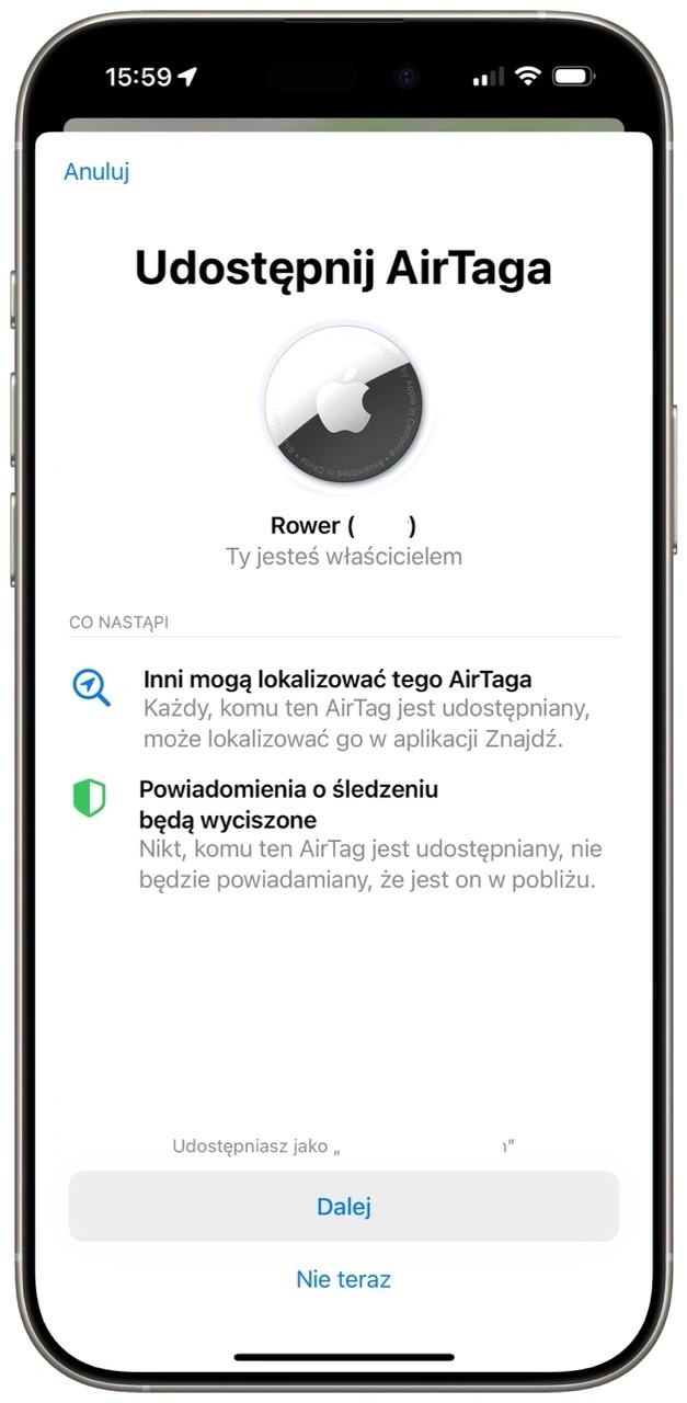 W aplikacji Znajdź możemy udostępnić bliskim położenie AirTaga, którego np. nosimy ze sobą