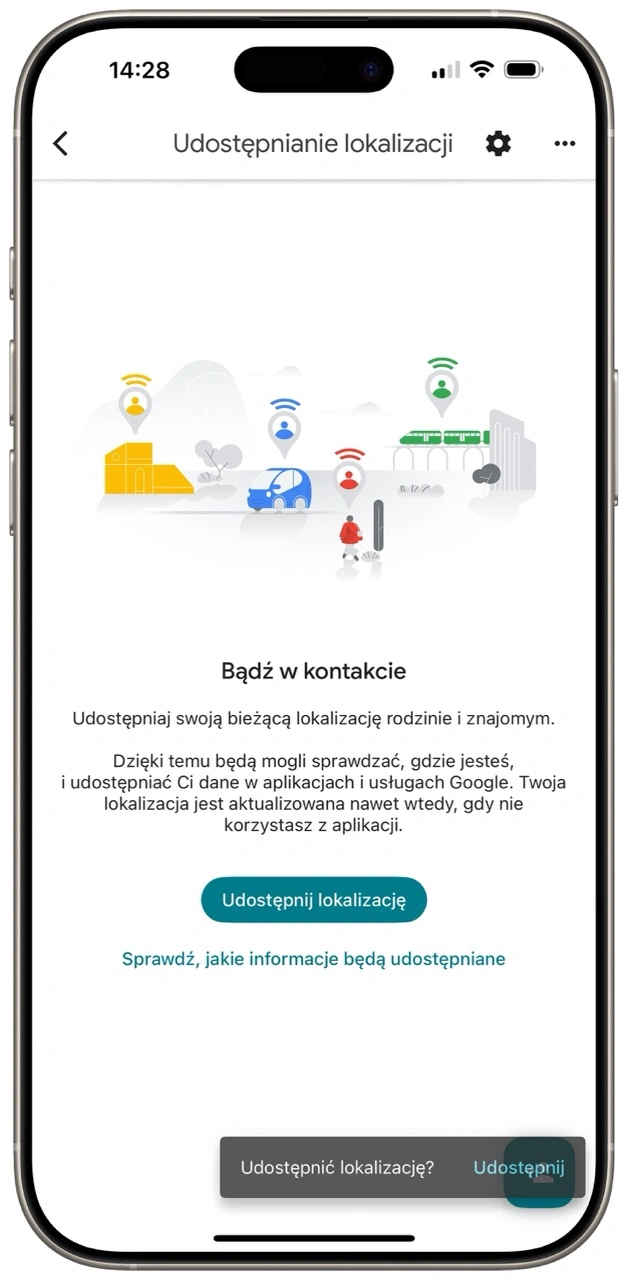 Opcha udostępnienia lokalizacja pojawi się na kolejnym ekranie, a po jej wybraniu musimy wybrać osobę z kontaktów, której lokalizację udostępnimy