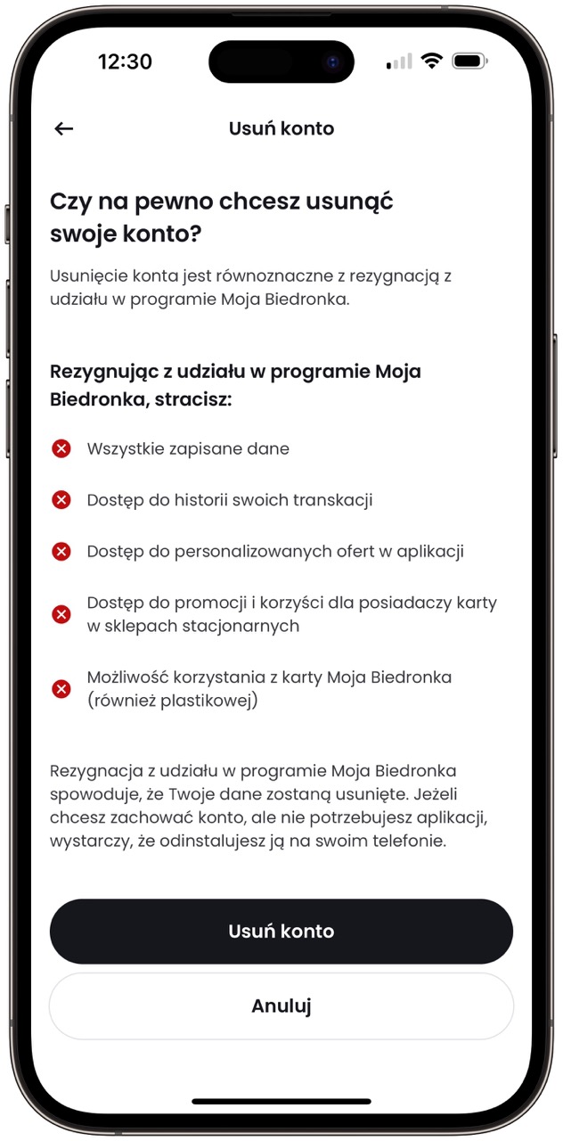 Skutki usunięcia konta Biedronka