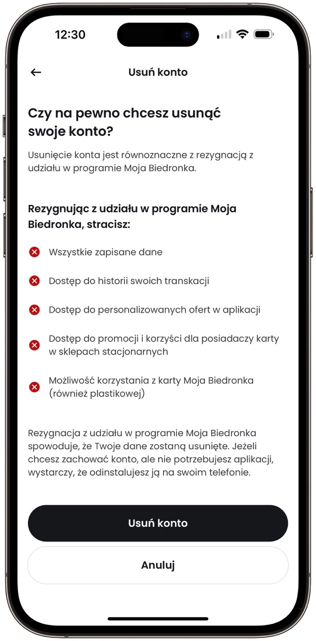 Skutki usunięcia konta Biedronka 