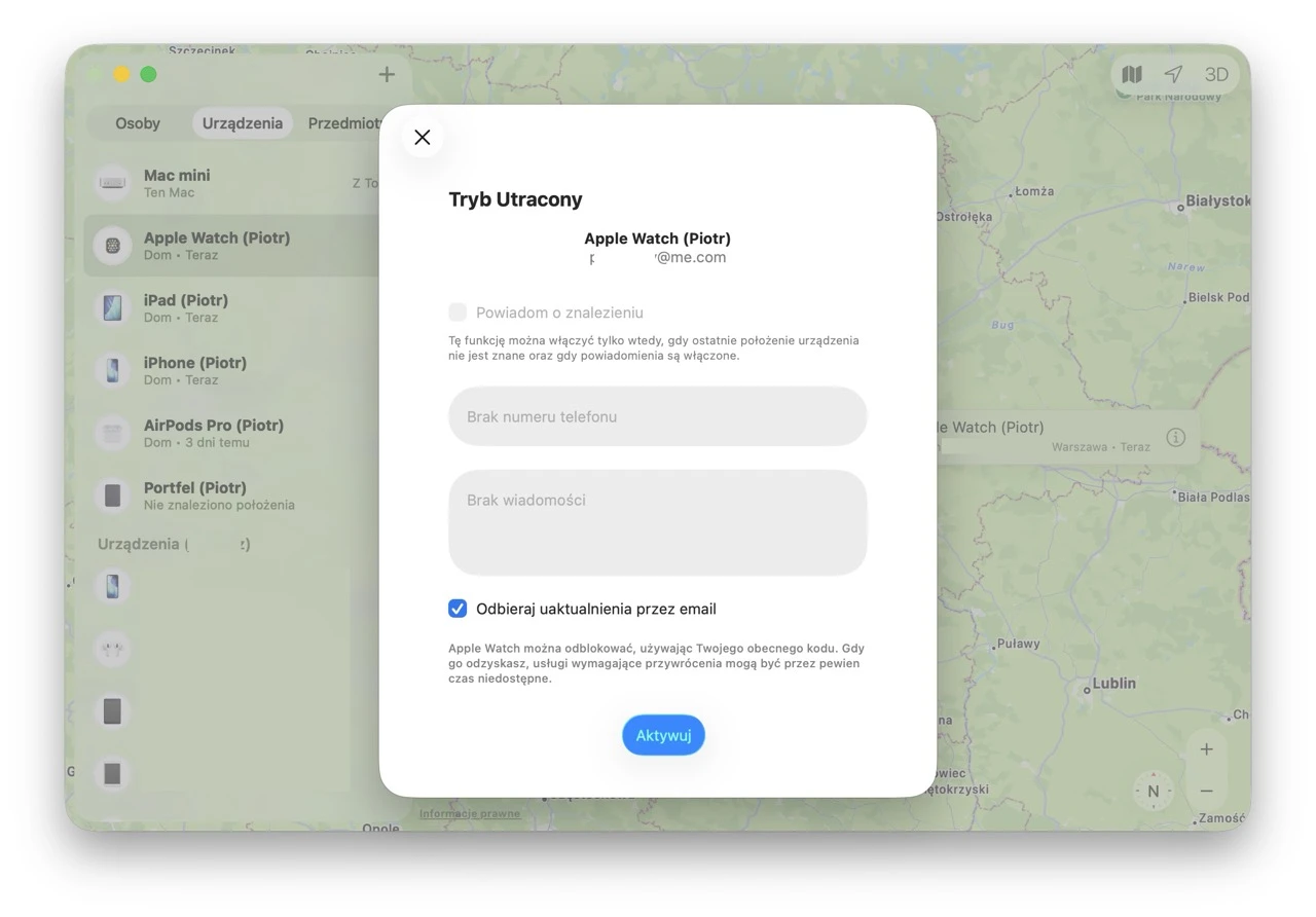 Na koniec wystarczy potwierdzić Tryb Utracony dla danego urządzenia