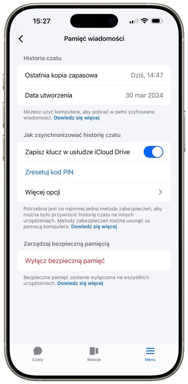 W tym miejscu pojawia się opcja resetowania kodu PIN oraz archiwizowania wiadomości w chmurze