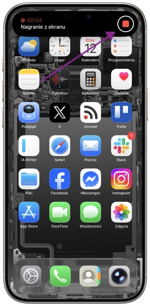 Po rozwinięciu powiadomienia z Dynamicznej Wyspy możemy zakończyć nagrywanie