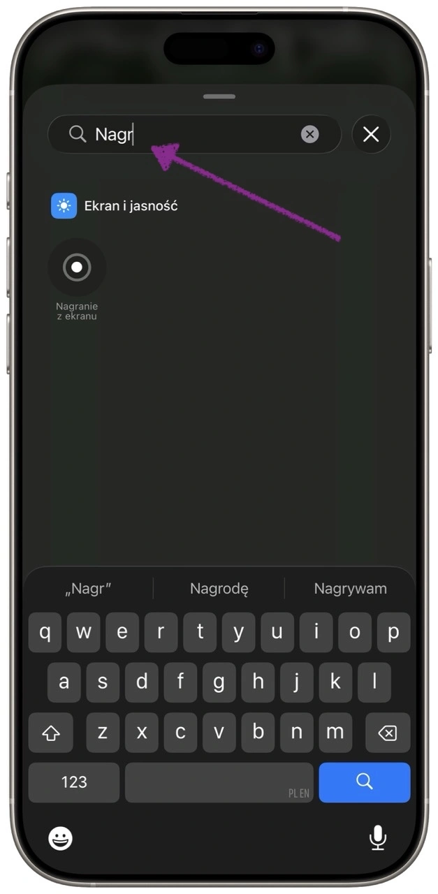 Wpisanie pierwszych liter z frazy „Nagranie z ekranu” pokazuje odpowiednią ikonkę