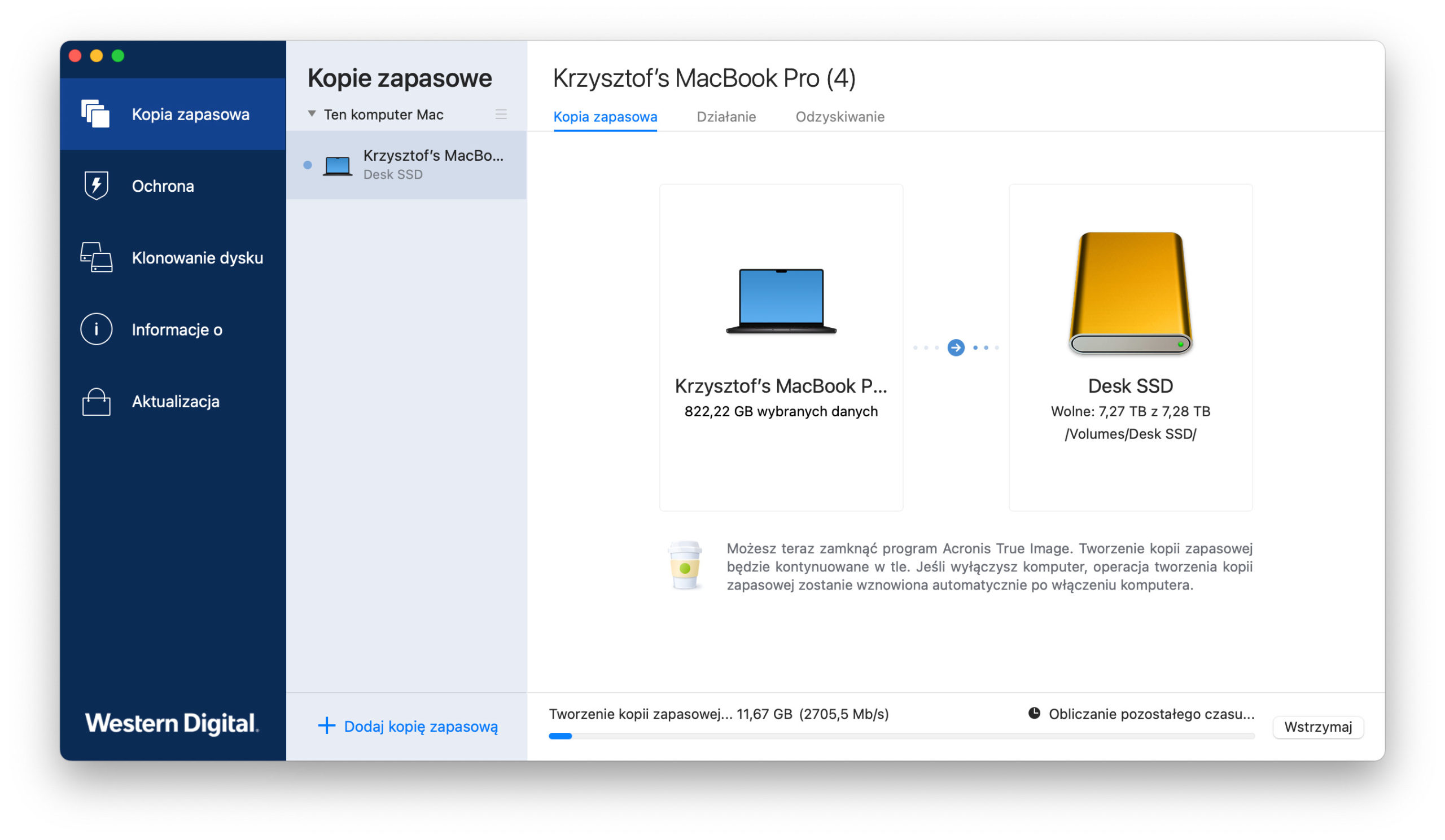 Acronis True Image w czasie pierwszego backupu.
