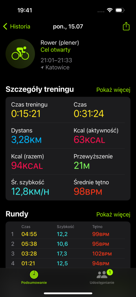 Apple Watch SE - zapis po jeździe rowerem