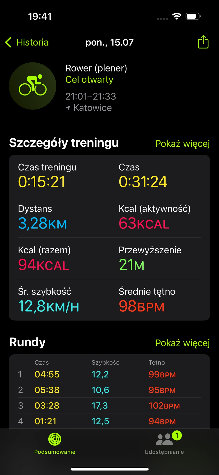 Apple Watch SE - zapis po jeździe rowerem