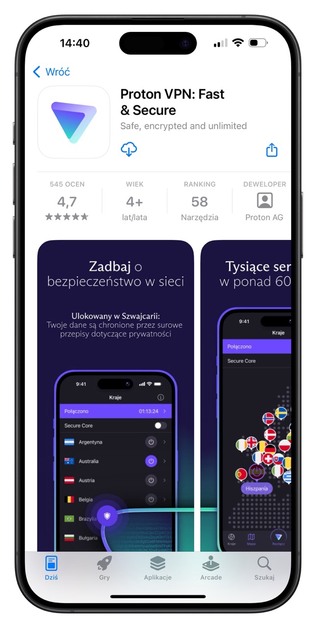 VPN na iPhone’a: Proton VPN w sklepie App Store