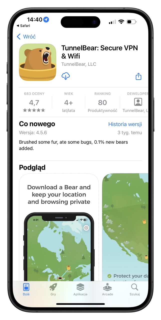 VPN na iPhone’a: TunnelBear w sklepie App Store