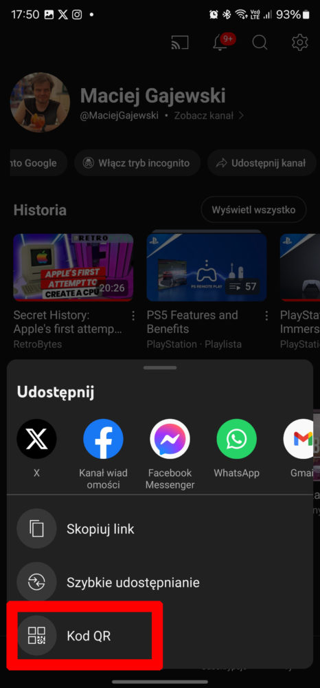 YouTube - generowanie QR kodu do kanału