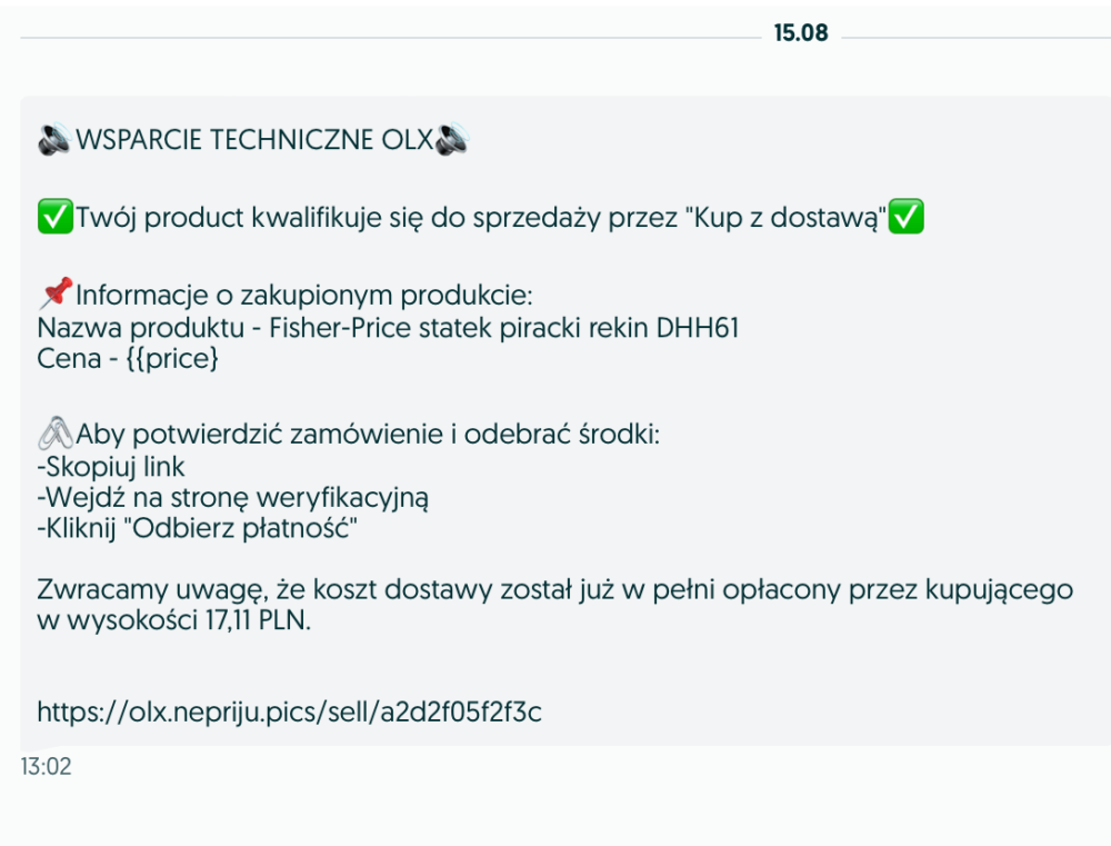 Wiadomośc prywatna na OLX od oszusta.