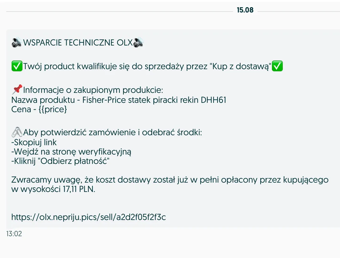 Wiadomośc prywatna na OLX od oszusta.