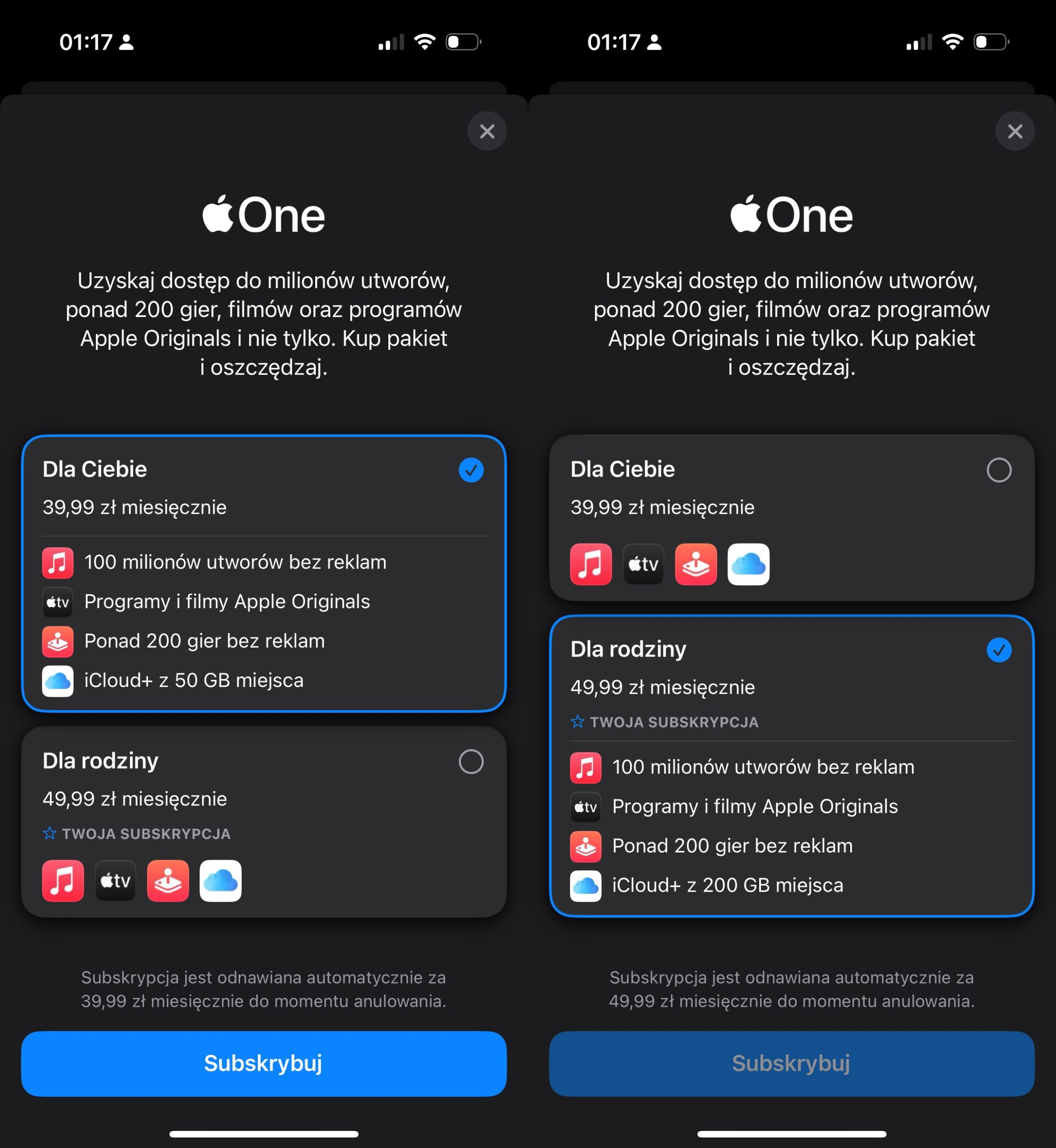 apple one cena dla ciebie dla rodziny