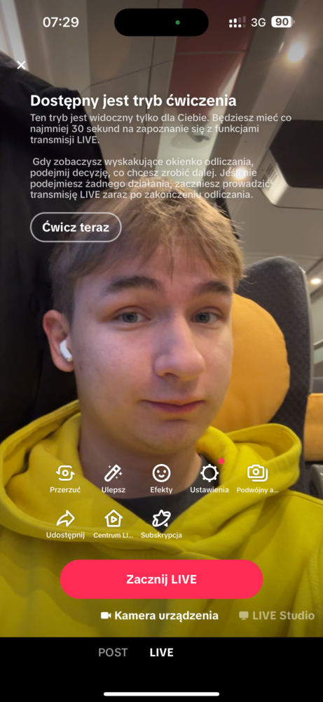 Tutaj możesz dostosować LIVE przed startem, jak i go rozpocząć
