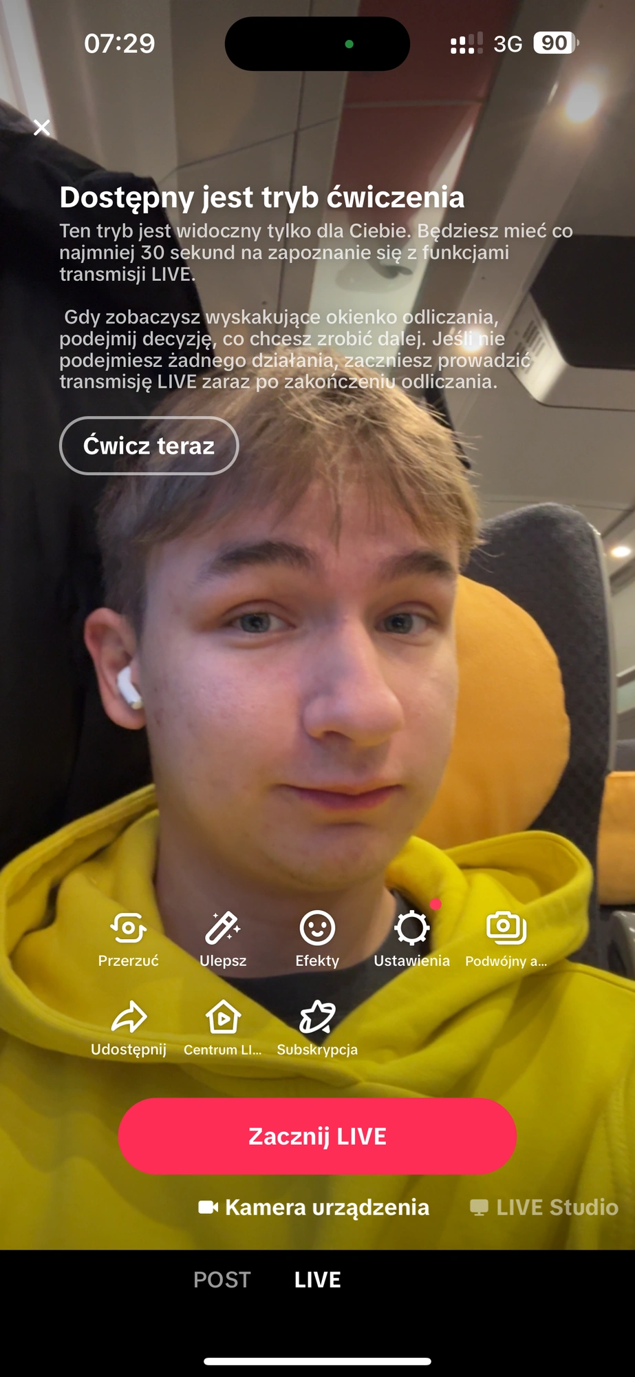 Tutaj możesz dostosować LIVE przed startem, jak i go rozpocząć