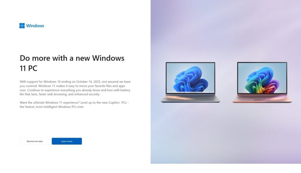 Reklamy komputerów Copilot+ wyświetlane w Windowsie 10 (źródło: WindowsLatest)