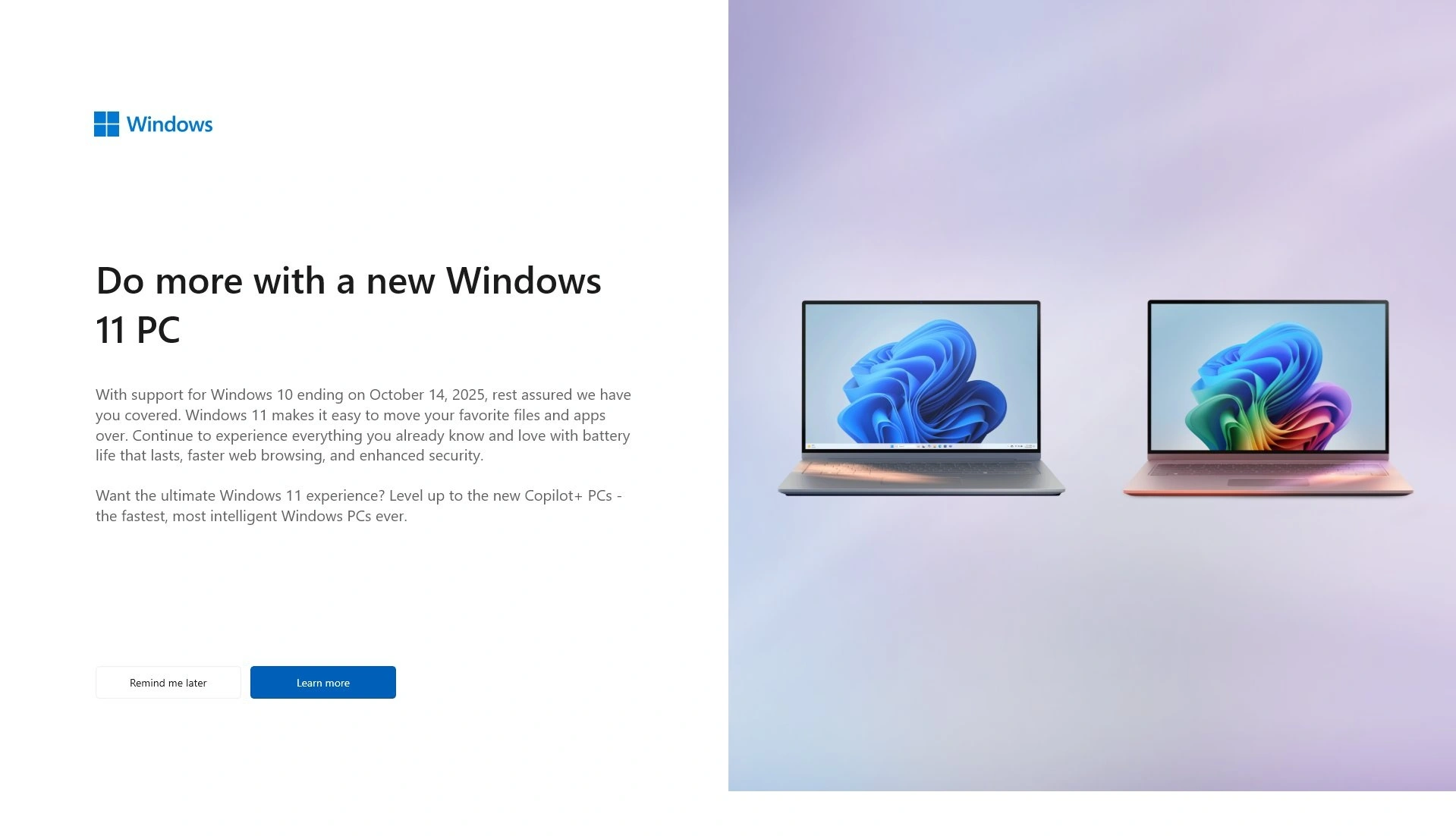 Reklamy komputerów Copilot+ wyświetlane w Windowsie 10 (źródło: WindowsLatest)