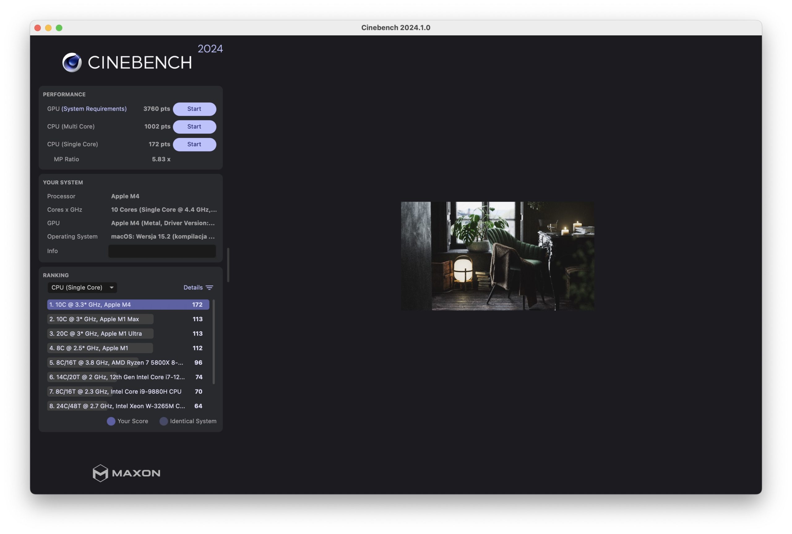 MacBook Pro (2024) z Apple M4: Cinebench 2024 (GPU i CPU)