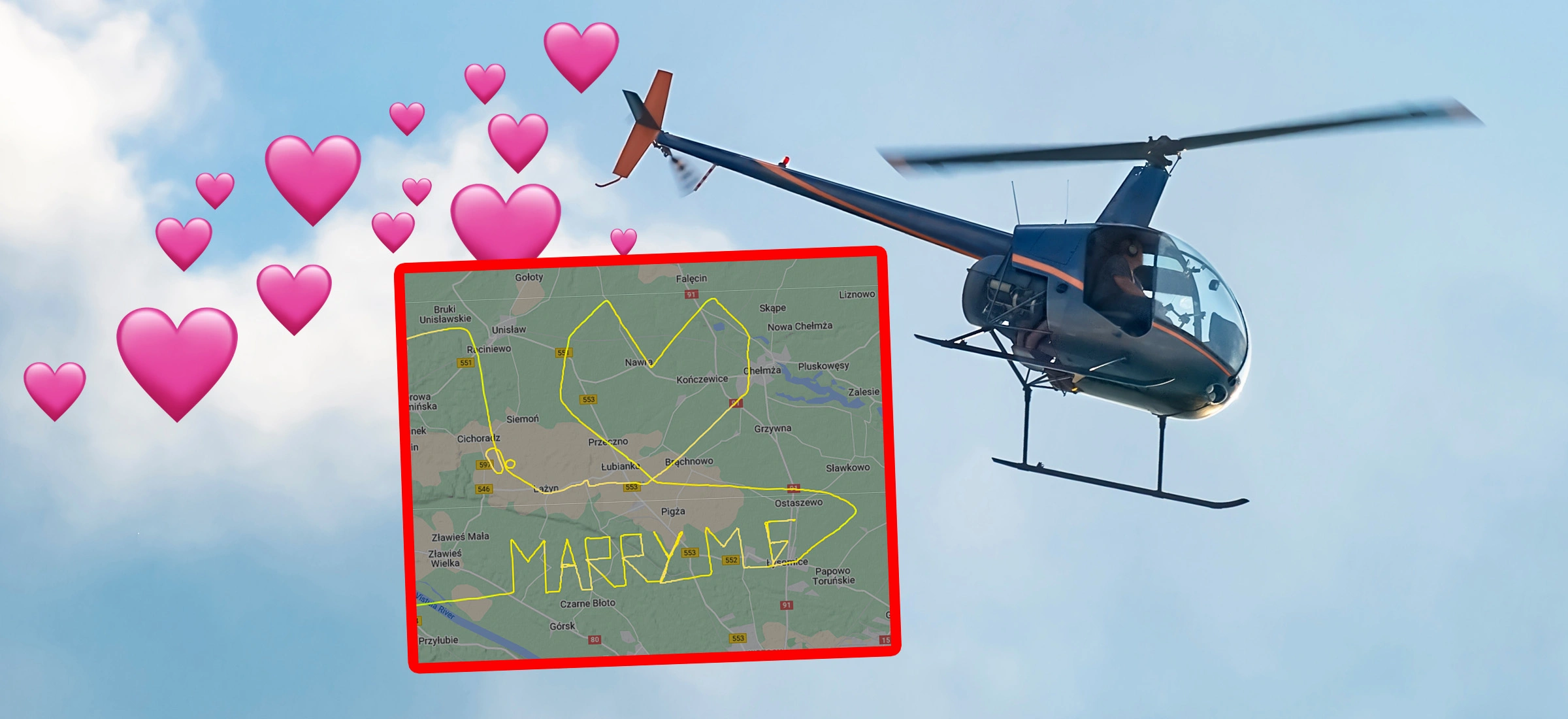 Dla niej poderwał helikopter i nabazgrał na niebie. Polak oświadczył się przez aplikację