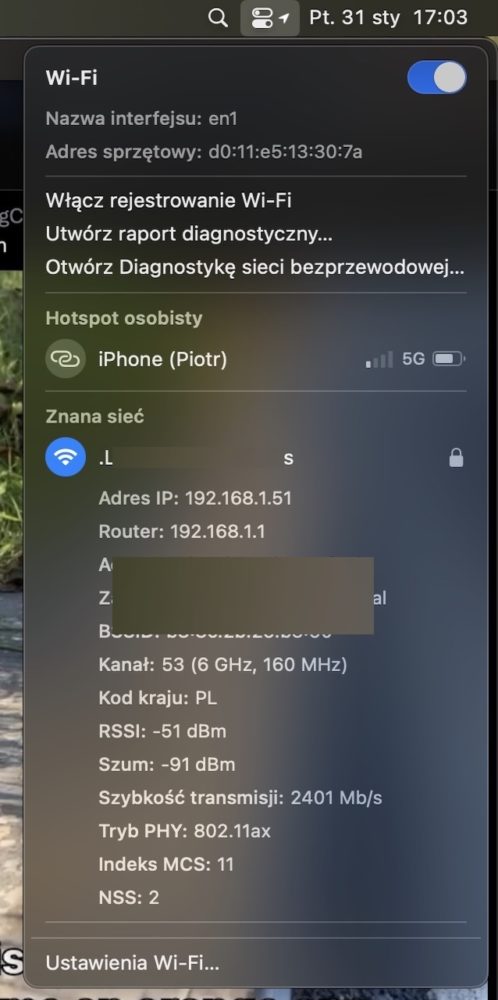 Mac mini (2024) - parametry połączenia z routerem Funbox 10