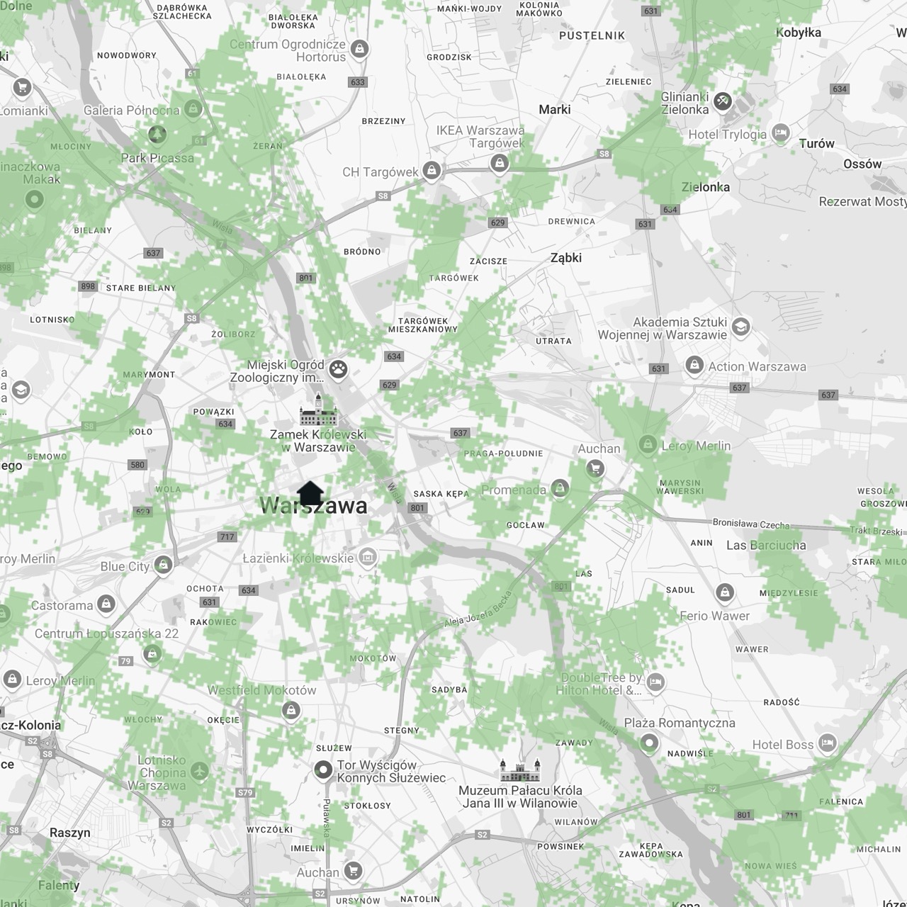 Mapa zasięgu 5G Ultra od Plusa - Warszawa i okolice (zrzut ekranu: 23 maja 2025 r.)