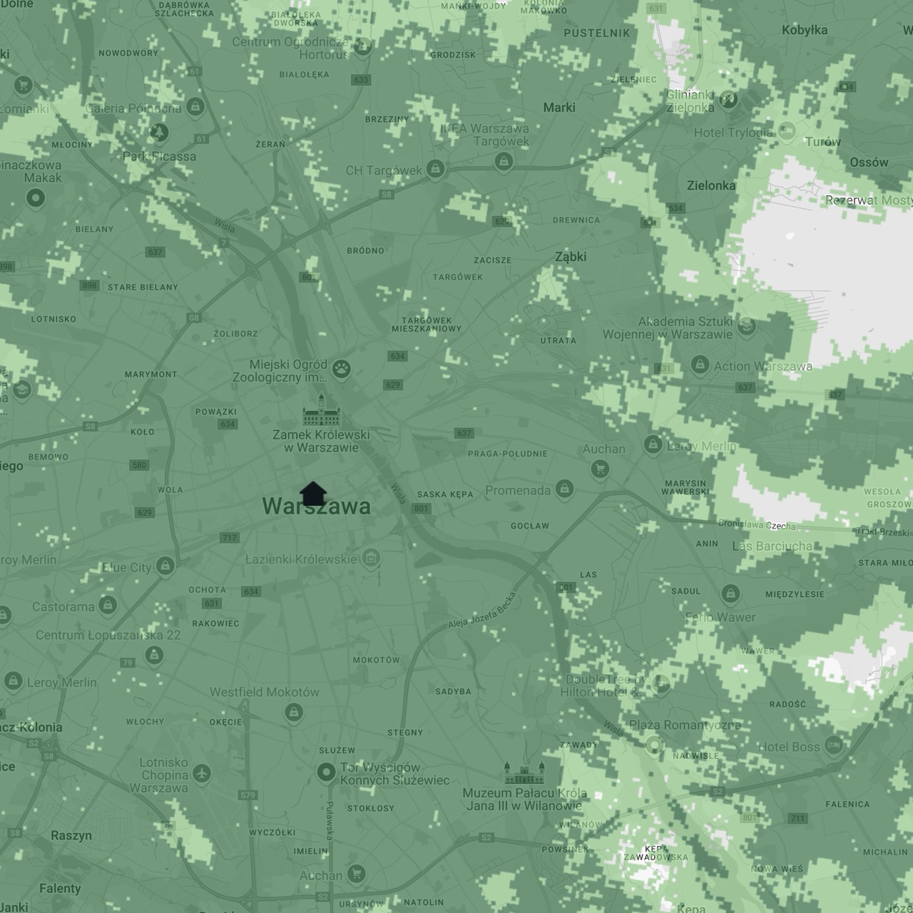 Mapa zasięgu 5G od Plusa - Warszawa i okolice; ciemniejszy zielony wewnątrz budynków, jaśniejszy - na zewnątrz (zrzut ekranu: 23 maja 2025 r.)