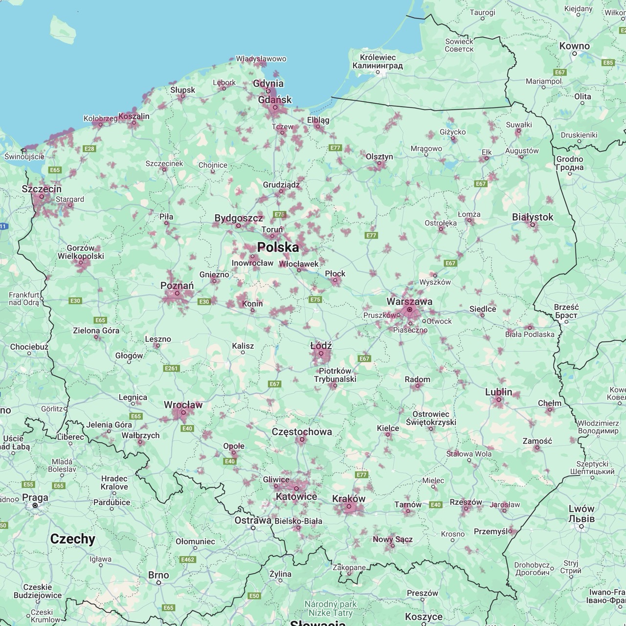 Aktualna mapa zasięgu T-Mobile, 5G Bardziej (zrzut ekranu: 23 maja 2025 r.)