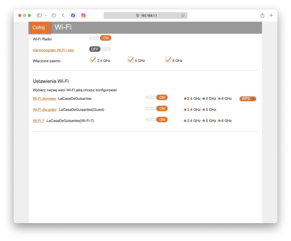 Menu ustawień sieci Wi-Fi w routerze Funbox 10