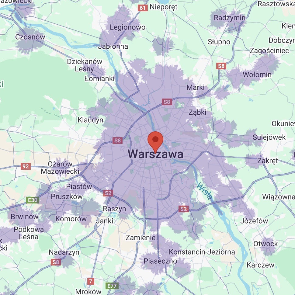 Aktualna mapa zasięgu Orange 5G - Warszawa i okolice, powyżej 1 Gb/s (zrzut ekranu: 23 maja 2025 r.)