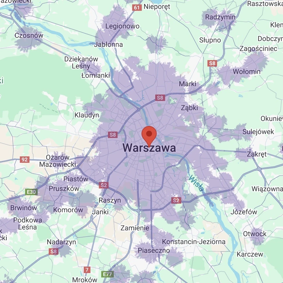 Aktualna mapa zasięgu Orange 5G - Warszawa i okolice, powyżej 1 Gb/s (zrzut ekranu: 23 maja 2025 r.)