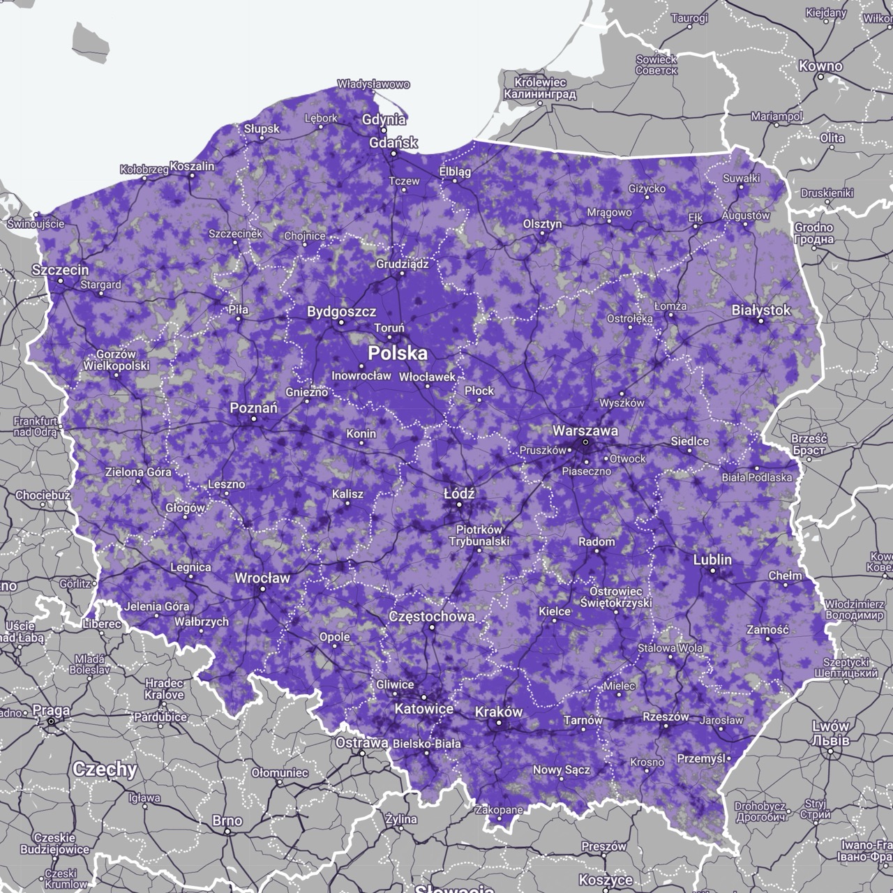 Mapa zasięgu 5G od Play. Ciemny fiolet: 5G pasmo C; średni: 5G; jasny: 4G LTE (zrzut ekranu: 23 maja 2025 r.)