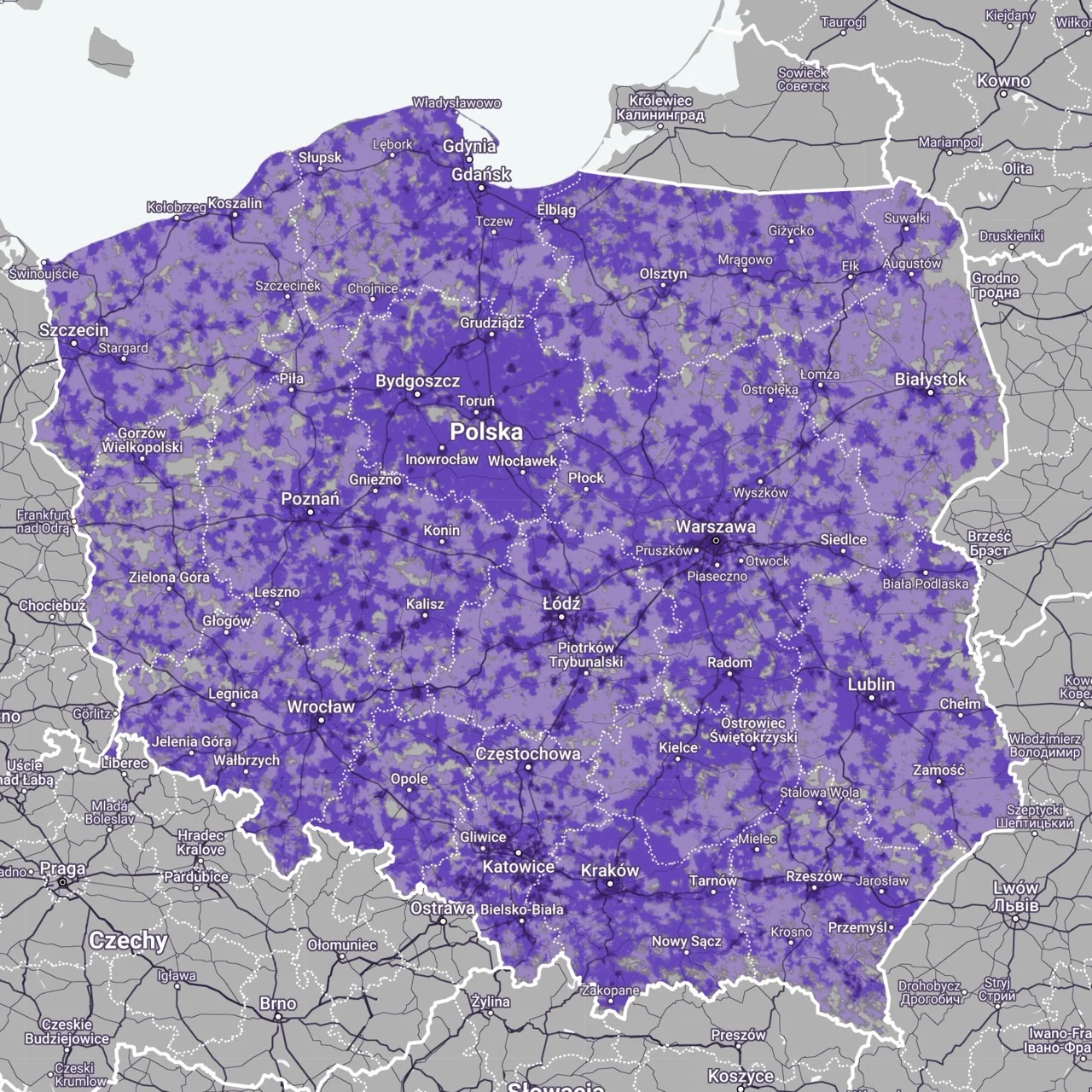 Mapa zasięgu 5G od Play. Ciemny fiolet: 5G pasmo C; średni: 5G; jasny: 4G LTE (zrzut ekranu: 23 maja 2025 r.) 