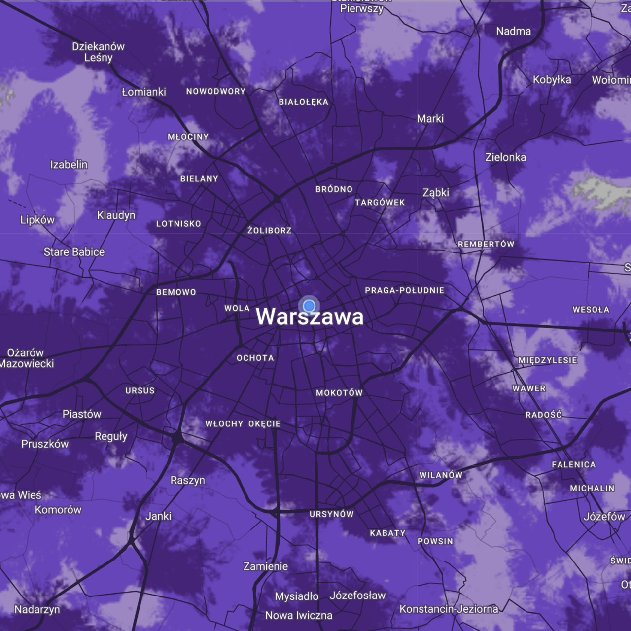Mapa zasięgu 5G od Play - Warszawa i okolice. Ciemny fiolet: 5G pasmo C; średni: 5G; jasny: 4G LTE (zrzut ekranu: 23 maja 2025 r.)