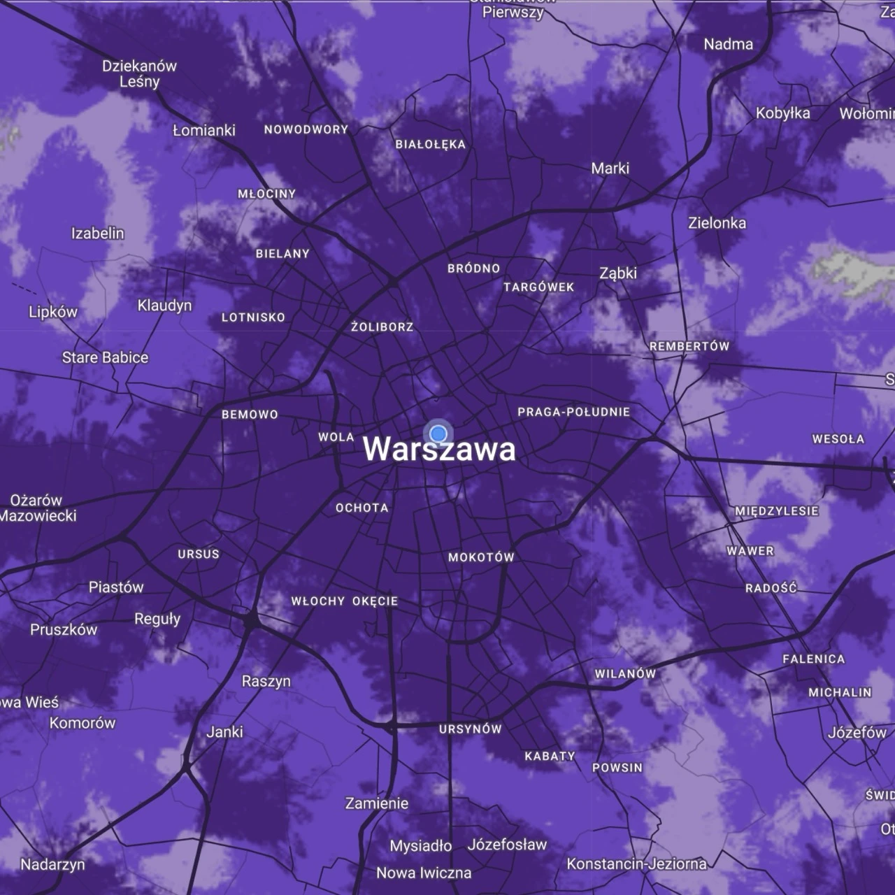 Mapa zasięgu 5G od Play - Warszawa i okolice. Ciemny fiolet: 5G pasmo C; średni: 5G; jasny: 4G LTE (zrzut ekranu: 23 maja 2025 r.) 