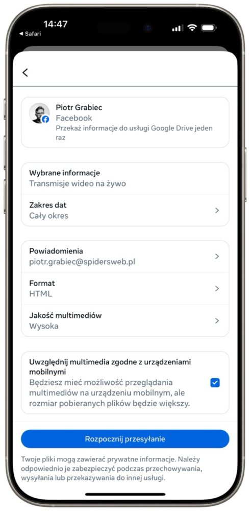 Należy wskazać adres e-mail do powiadomień, a opcjonalnie można zaznaczyć zgodność ze sprzętami mobilnymi