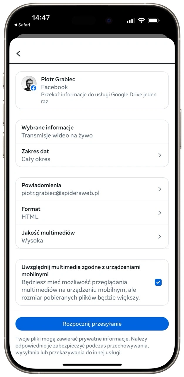 Należy wskazać adres e-mail do powiadomień, a opcjonalnie można zaznaczyć zgodność ze sprzętami mobilnymi