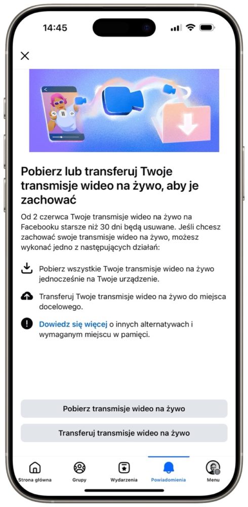 Do wyboru są dwie opcje: pobranie danych i przesłanie ich do chmury