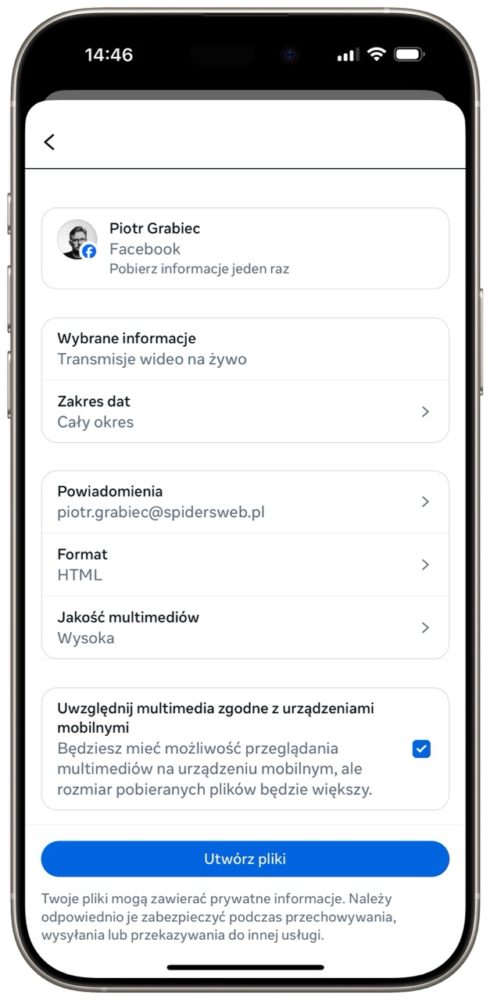 Należy wskazać adres e-mail do powiadomień i uwzględnić multimedia zgodne z urządzeniami mobilnymi