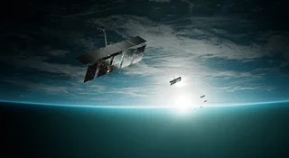 Satelita radarowy SAR obserwujący Ziemię z orbity, symbol programu MikroSAR