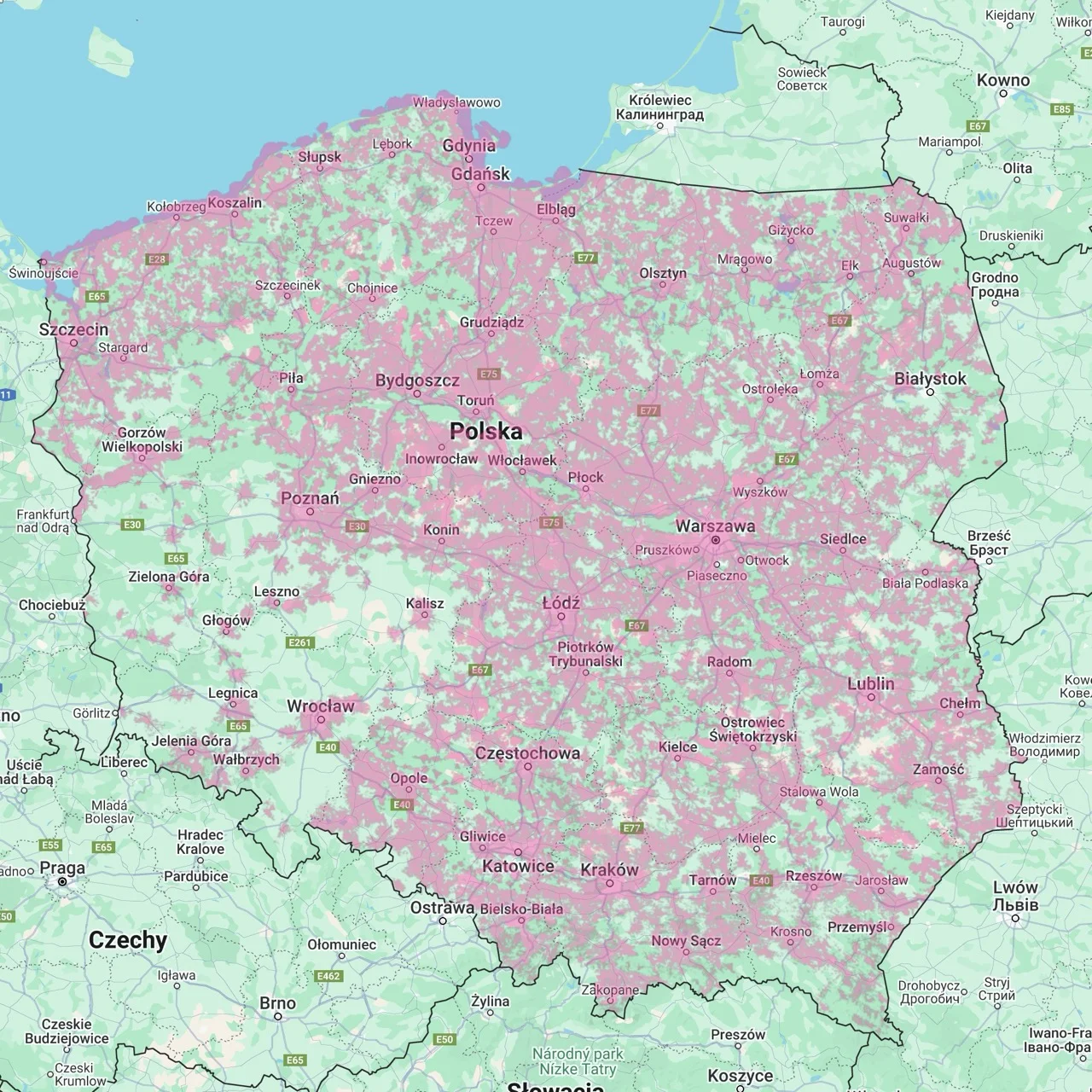 Archiwalna mapa zasięgu T-Mobile Polska, 5G (zrzut ekranu: 23 maja 2025 r.)