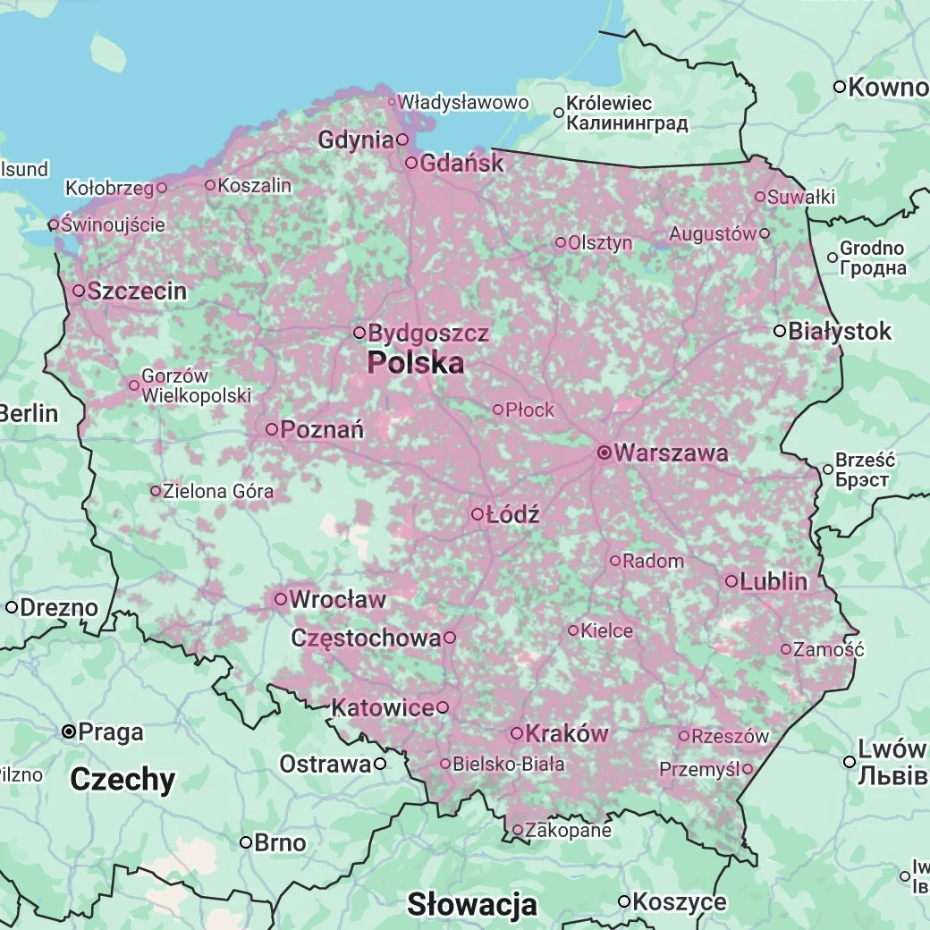 Aktualna mapa zasięgu T-Mobile Polska, 5G (zrzut ekranu: 9 stycznia 2026 r.) 