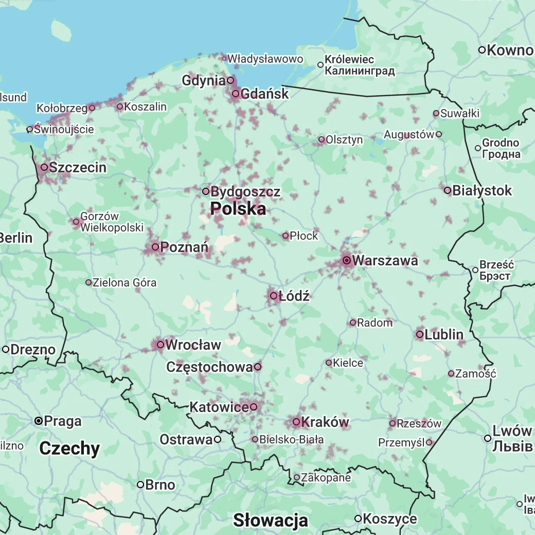 Aktualna mapa zasięgu T-Mobile, 5G Bardziej (zrzut ekranu: 9 stycznia 2026 r.) 