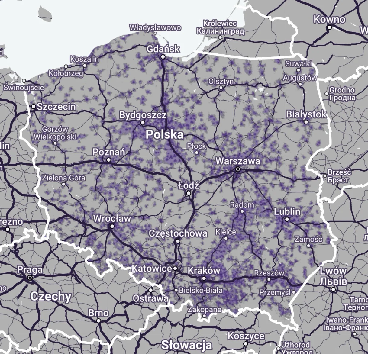 Archiwalna mapa zasięgu 5G od Play. Ciemny fiolet: na zewnątrz i wewnątrz. Jasny fiolet: na zewnątrz (zrzut ekranu: 1 marca 2024 r.)