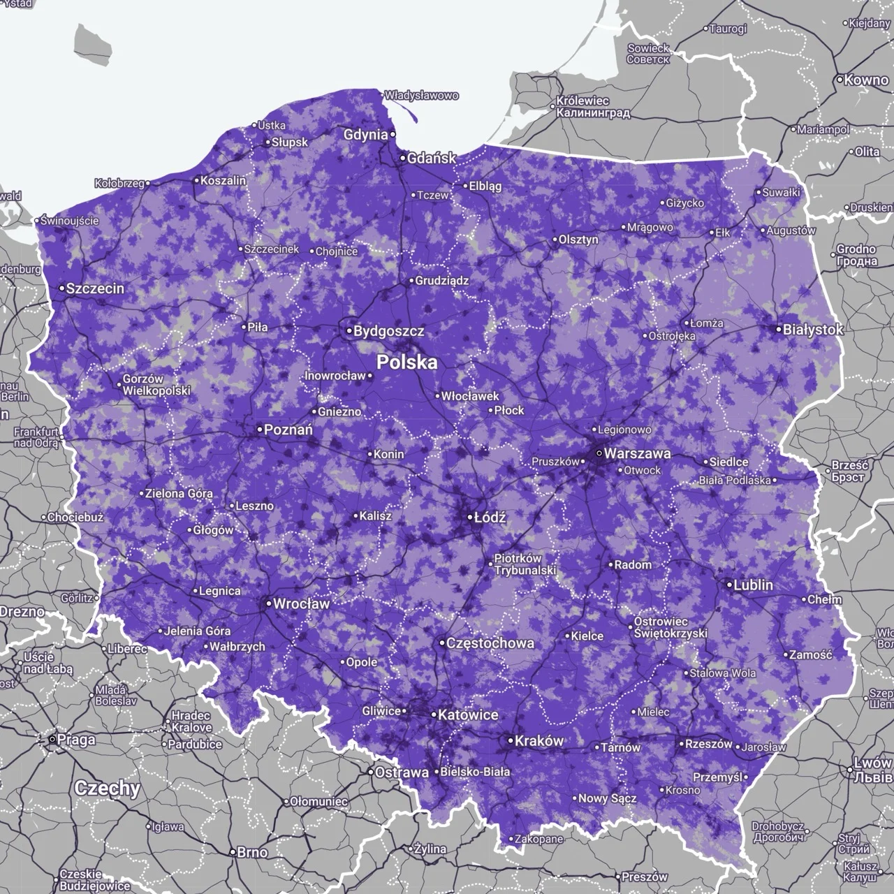 Aktualna mapa zasięgu 5G od Play. Ciemny fiolet: 5G pasmo C; średni: 5G; jasny: 4G LTE (zrzut ekranu: 9 stycznia 2026 r.)