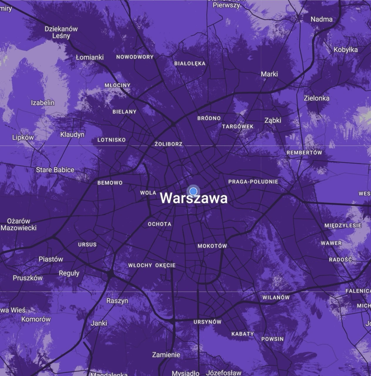 Aktualna mapa zasięgu 5G od Play - Warszawa i okolice. Ciemny fiolet: 5G pasmo C; średni: 5G; jasny: 4G LTE (zrzut ekranu: 9 stycznia 2026 r.) 
