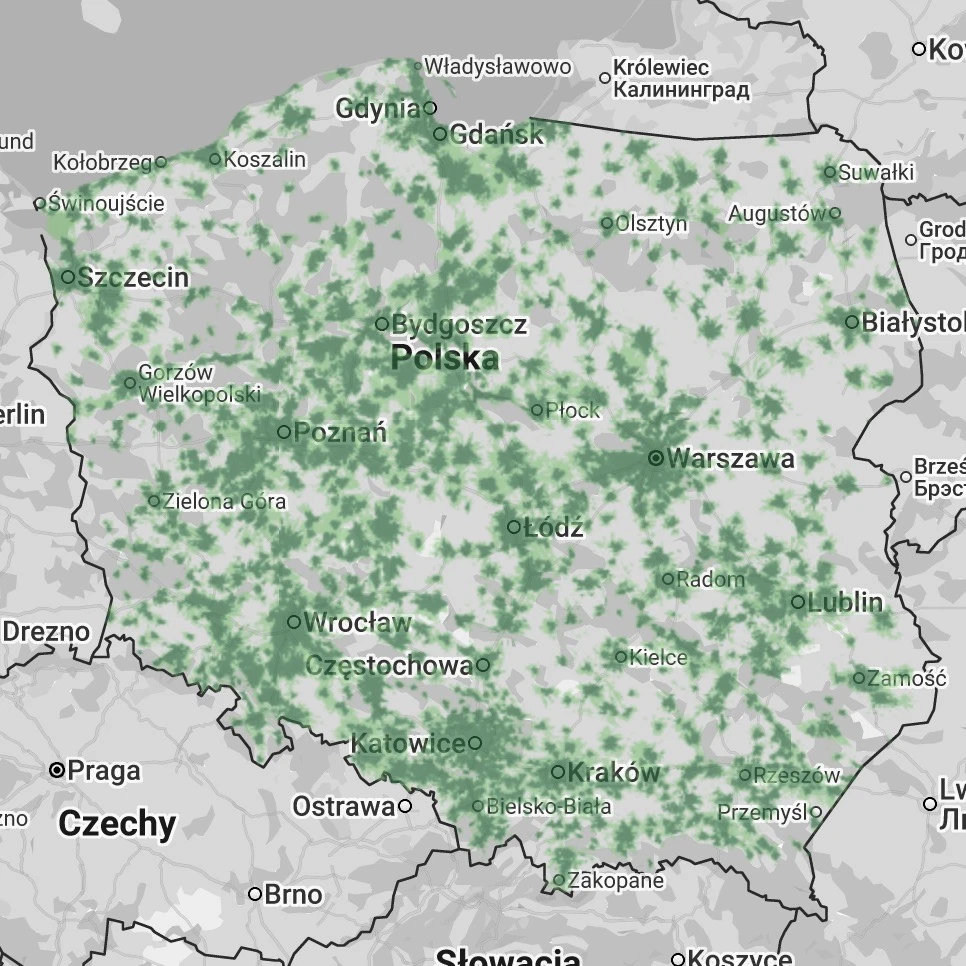 Aktualna mapa zasięgu 5G od Plusa; ciemniejszy zielony wewnątrz budynków, jaśniejszy - na zewnątrz (zrzut ekranu: 9 stycznia 2026 r.)