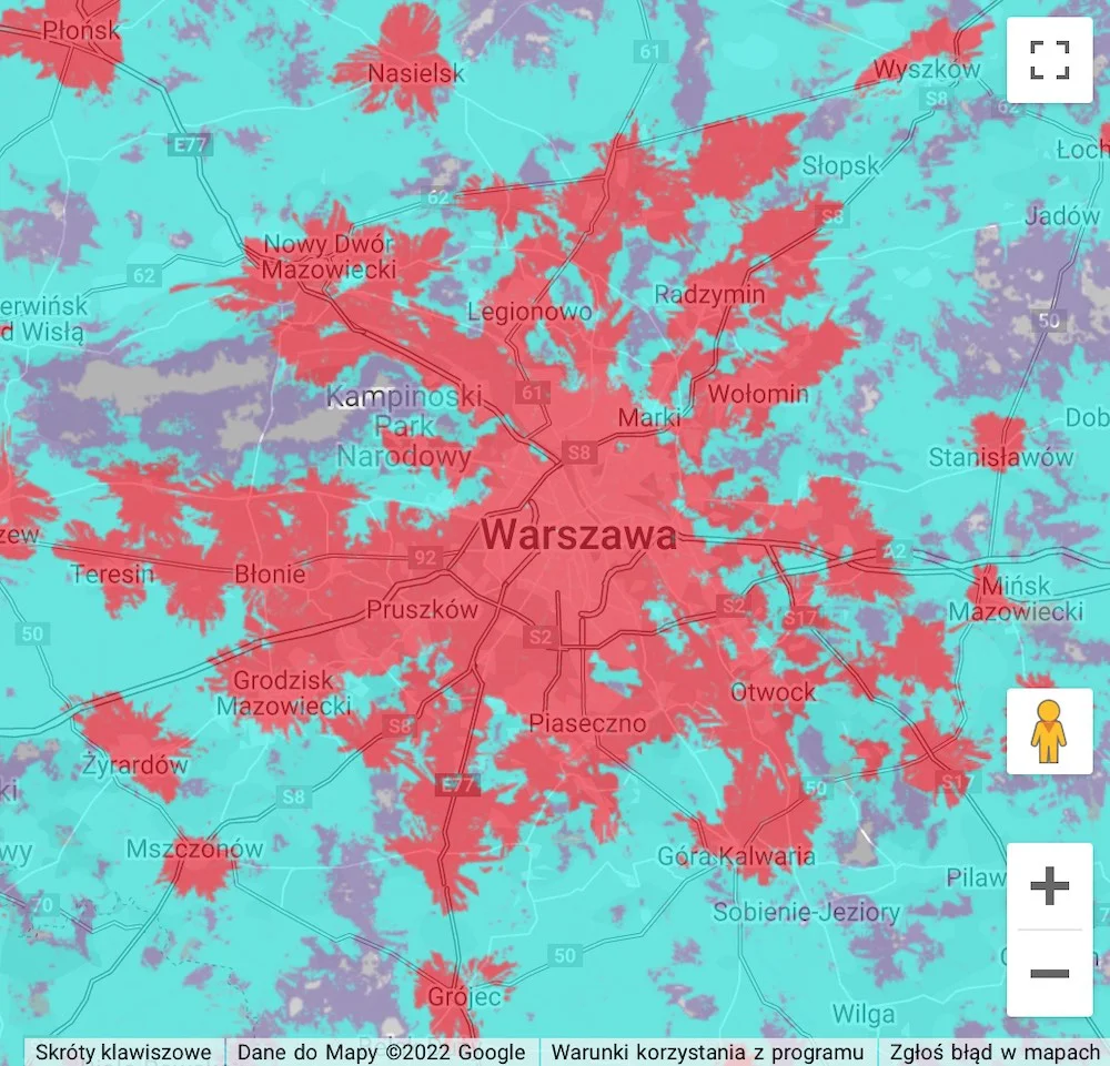 Archiwalna mapa zasięgu 5G od Plusa - Warszawa i okolice, na czerwono (zrzut ekranu: 23 września 2022 r.)
